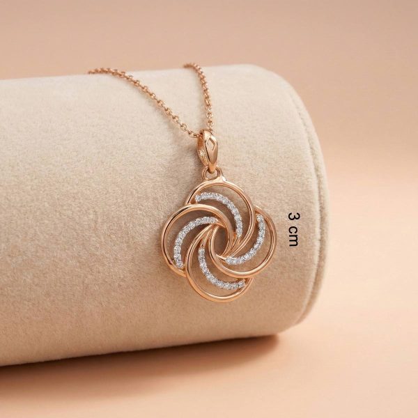 gold swirl pendant, 3cm gold pendant, intertwined circle necklace, lightweight gold chain, stone studded pendant.