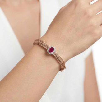 Flexible gold mesh bracelet Oval ruby diamond halo OVJ Jewels gemstone collection Multi-strand gold jewelry July birthstone gold bracelet Red gemstone flexible bangle