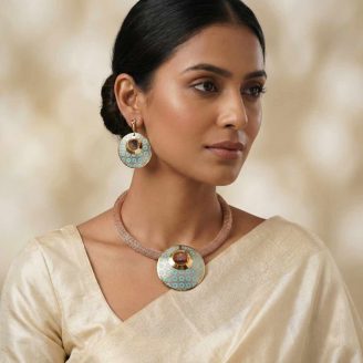 floral gold necklace turquoise statement necklace gold disc pendant 18k gold jewelry set OVJ Jewels necklace contemporary gold jewelry