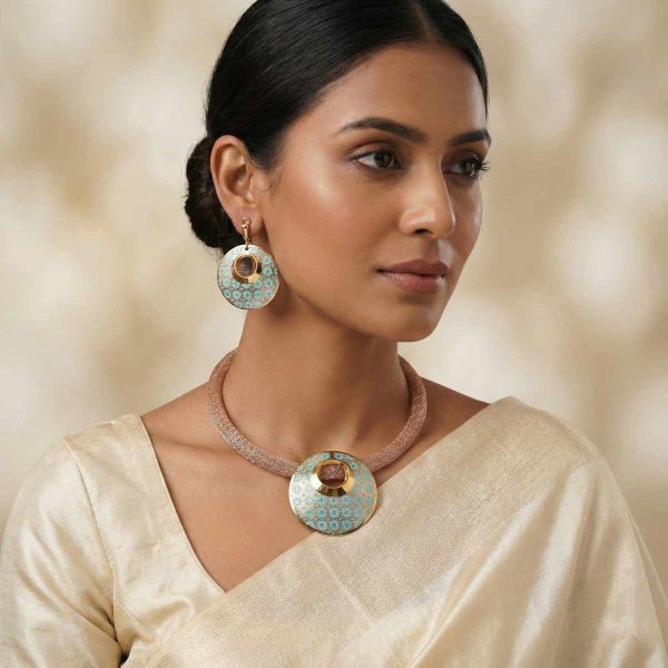 gold-mesh-chain-turquoise-disc-pendant floral gold necklace turquoise statement necklace gold disc pendant 18k gold jewelry set OVJ Jewels necklace contemporary gold jewelry