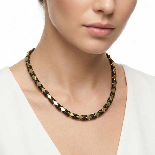 luxury-gold-black-braided-statement-necklace 18k gold choker, braided gold necklace, men's gold jewelry, women's gold choker, black and gold woven chain, 14 inch gold necklace, luxury braided jewelry, solid 18k gold chain, OVJ Jewels exclusive.