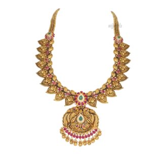 Gold antique annapakshi ruby and emarald long necklace
