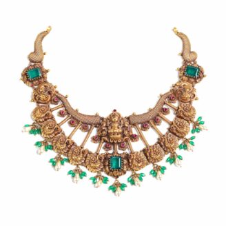 Antique Gold Lakshmi Necklace with Emerald Green Stones