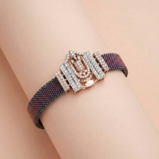 18k Rose Gold Lord Venkateswara Bracelet  with Purple Mesh Strap