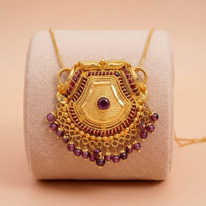 101-15618 22k gold pendant, ruby gold pendant, traditional gold pendant, antique gold pendant, south indian pendant, bridal gold pendant, handmade gold jewelry, temple jewelry pendant, gold pendant for women, ruby bead pendant, elegant gold pendant, festive jewelry, designer gold pendant, ovjjewels,