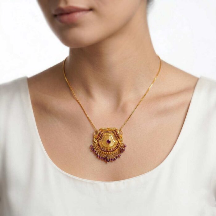 101-15618-b 22k gold pendant, ruby gold pendant, traditional gold pendant, antique gold pendant, south indian pendant, bridal gold pendant, handmade gold jewelry, temple jewelry pendant, gold pendant for women, ruby bead pendant, elegant gold pendant, festive jewelry, designer gold pendant, ovjjewels,