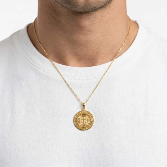 101-23L2969-b 22k gold pendant, 916 gold pendant, anchor gold pendant, nautical pendant gold, gold anchor necklace, trendy gold pendant, stylish gold pendant, mens gold pendant, womens gold pendant, round gold pendant, luxury gold jewelry, greek pattern pendant, designer gold pendant,