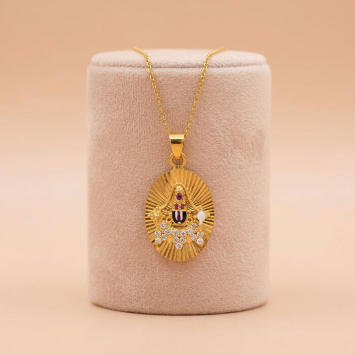 101-24K710 Enhance your jewellery collection with this stunning 22K gold temple pendant featuring a radiant oval design, CZ stones, and traditional Balaji detailing. Lightweight, stylish, and perfect for gifting or festive wear. Available now at OVJ Jewels.
