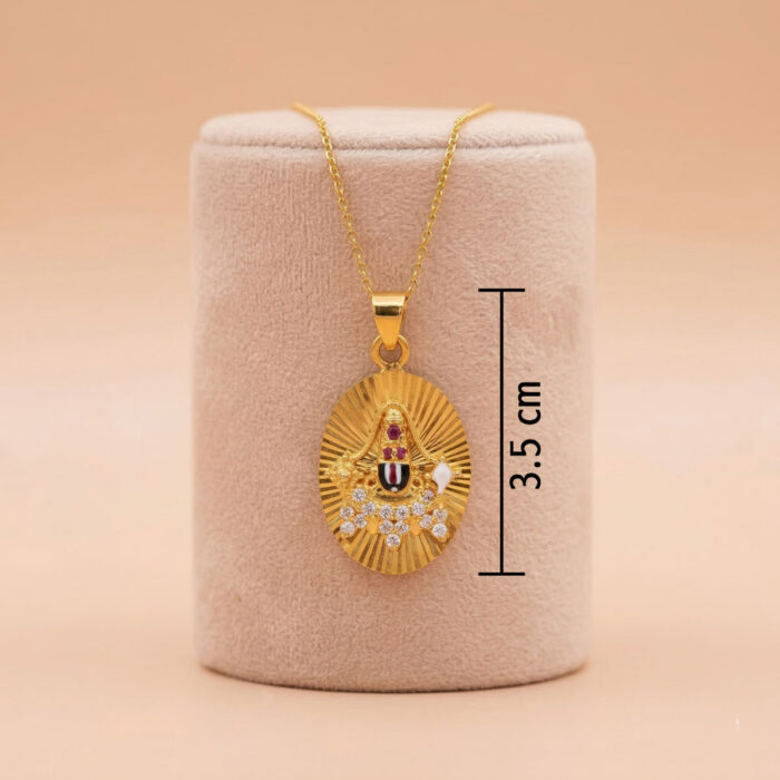 101-24K710-c Enhance your jewellery collection with this stunning 22K gold temple pendant featuring a radiant oval design, CZ stones, and traditional Balaji detailing. Lightweight, stylish, and perfect for gifting or festive wear. Available now at OVJ Jewels.