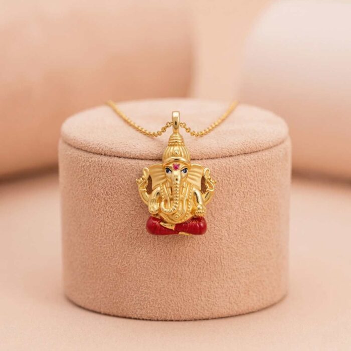 22k gold ganesha pendant, gold vinayagar pendant, lord ganesha gold pendant, traditional gold pendant design, ganpati pendant gold, 22k gold dollar design, gold pendant for men, gold pendant for women, temple jewellery pendant, antique ganesha pendant, ruby finish gold pendant,