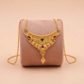 Elegant 22K Gold Triangle Pendant Necklace with Ruby & Emerald Stones