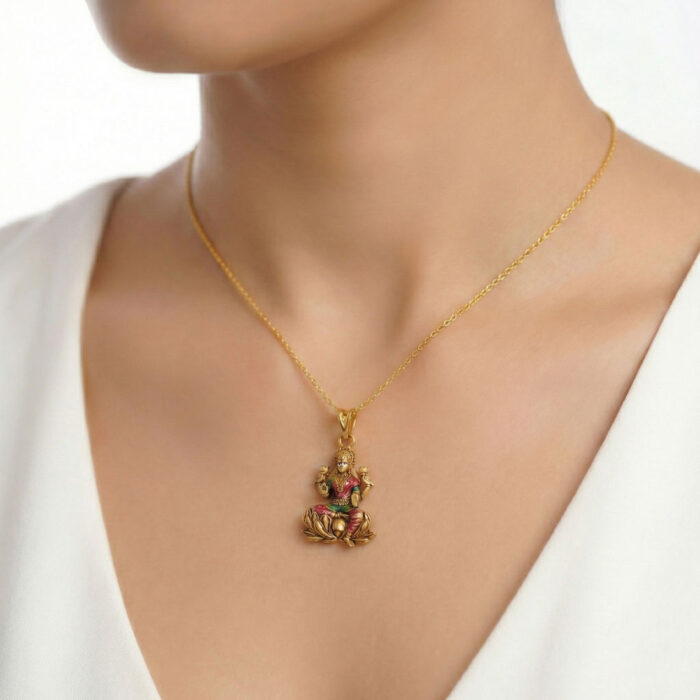 22k gold lakshmi pendant, mahalakshmi gold pendant, gold goddess pendant, traditional gold pendant, temple jewellery pendant, lakshmi devi pendant, antique gold pendant, south indian gold jewellery, lotus lakshmi pendant, enamel gold pendant, devotional gold pendant, gold pendant for women,