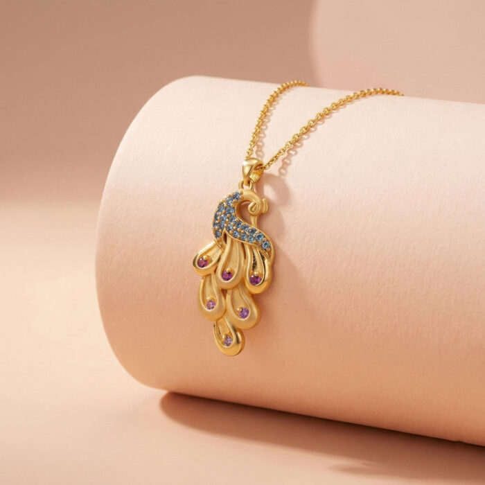 22k gold peacock pendant, peacock gold pendant, gold pendant for women, designer gold pendant, peacock necklace pendant, traditional gold pendant, stone studded gold pendant, ladies gold pendant, peacock jewellery, gold peacock charm, luxury gold pendant, handcrafted gold pendant, Indian gold pendant design, trendy gold pendant, OVJ Jewels