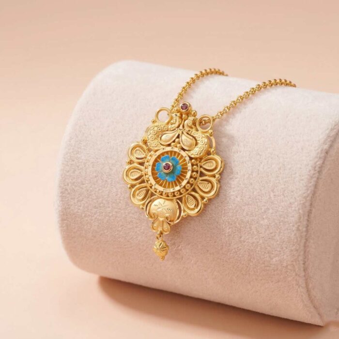 101-26I1938 22k gold pendant, gold pendant design, peacock gold pendant, floral gold pendant, traditional gold pendant, south indian gold jewellery, designer gold pendant, antique gold pendant, women's gold pendant, bridal gold pendant, handmade gold pendant, temple jewellery pendant, gold necklace pendant, luxury gold jewellery, ovj jewels, latest gold pendant design, enamel gold pendant, festive jewellery, wedding jewellery, premium gold pendant