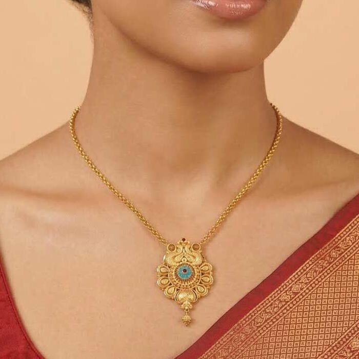 101-26I1938-b 22k gold pendant, gold pendant design, peacock gold pendant, floral gold pendant, traditional gold pendant, south indian gold jewellery, designer gold pendant, antique gold pendant, women's gold pendant, bridal gold pendant, handmade gold pendant, temple jewellery pendant, gold necklace pendant, luxury gold jewellery, ovj jewels, latest gold pendant design, enamel gold pendant, festive jewellery, wedding jewellery, premium gold pendant