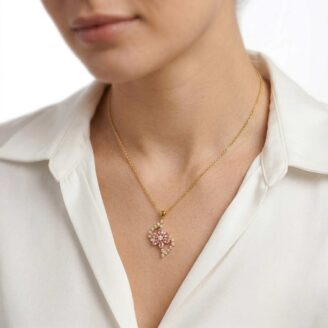 101-41771-b 22k gold pendant, floral gold pendant, pink stone pendant, ladies gold pendant, trendy gold pendant, flower pendant design, cz gold pendant, lightweight gold pendant, stylish pendant for women, diamond finish pendant, elegant gold jewellery,