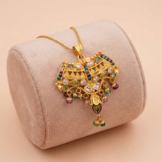 22k gold pendant, antique gold pendant, traditional gold pendant, temple jewellery pendant, south indian pendant design, bridal gold pendant, multicolor stone pendant, ethnic gold jewellery, designer gold pendant, women gold pendant, festive jewellery, luxury gold pendant, handcrafted gold pendant, OVJ Jewels