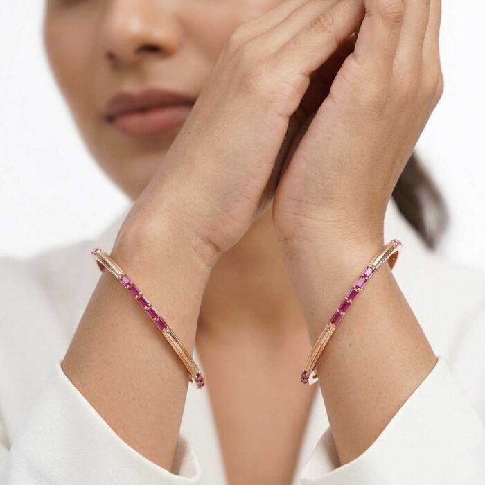 123-(9) 18k gold bangles Minimalist gold bangles Pink stone gold bangles Everyday wear bangles