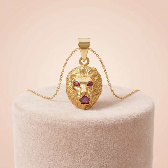 75-25G2259 22k gold lion pendant, lion face gold pendant, gold lion head necklace, ruby stone pendant, men gold pendant design, women gold pendant, luxury lion pendant, stylish gold pendant, royal lion jewelry, handmade gold pendant, trendy gold jewelry, lion charm pendant, unique gold pendant design, OVJJewels pendant, 22k pendant online India,