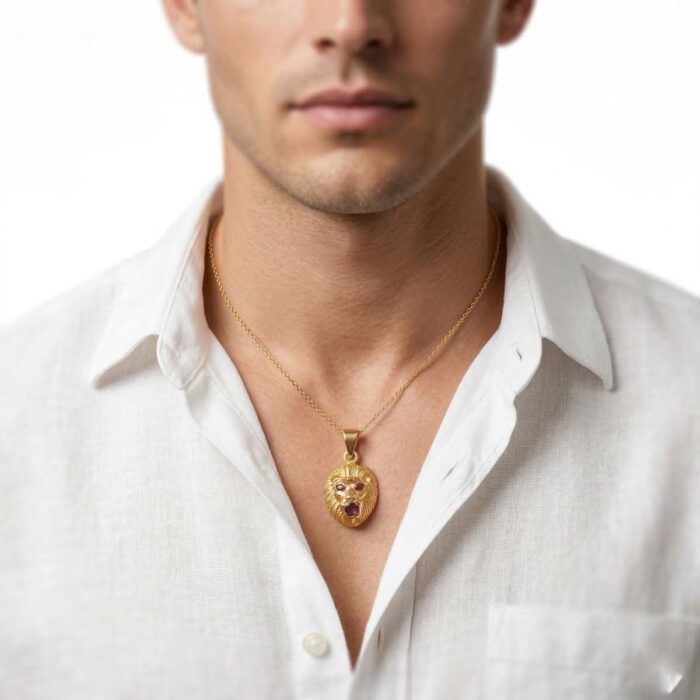 75-25G2259-b 22k gold lion pendant, lion face gold pendant, gold lion head necklace, ruby stone pendant, men gold pendant design, women gold pendant, luxury lion pendant, stylish gold pendant, royal lion jewelry, handmade gold pendant, trendy gold jewelry, lion charm pendant, unique gold pendant design, OVJJewels pendant, 22k pendant online India,